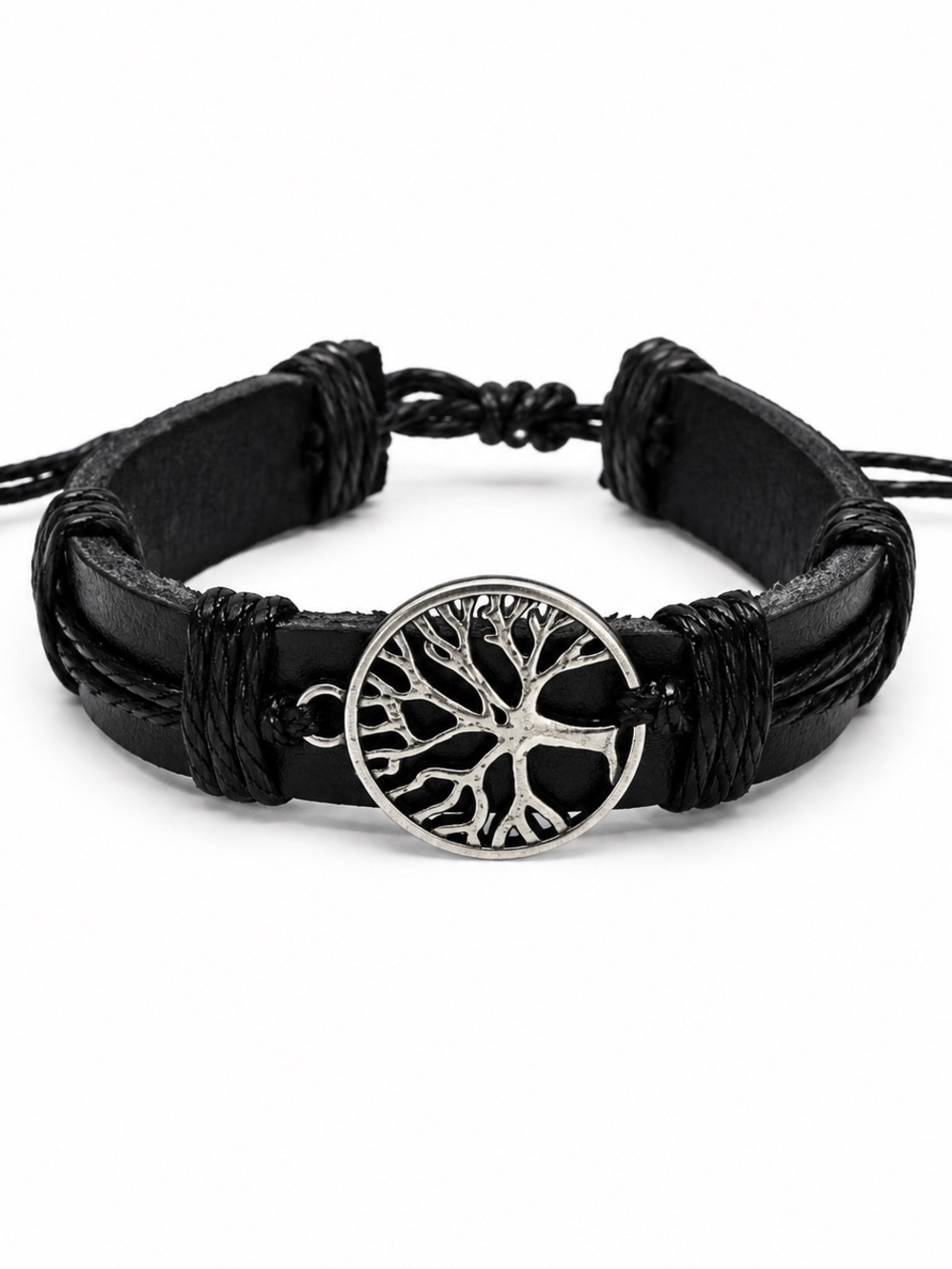 Tree of Life Black Leather Bracelet – Adjustable Unisex Braided Cord